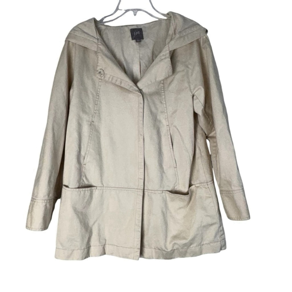 J Jill Women’s Hooded Hidden Button Cotton Linen Jacket Khaki Size M
